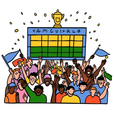 An illuminated scoreboard displaying the final score of a championship game, with bright lights highlighting the numbers. In the foreground, a crowd of excited fans is cheering, with some waving flags and wearing team jerseys. The fans have a mix of expressions, showing joy and excitement, with a variety of hairstyles and skin tones. The atmosphere is lively, filled with energy and enthusiasm as the game concludes.