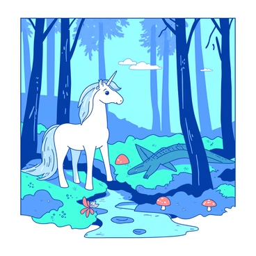 A blue forest with tall, slender trees stretching towards the sky. Among the trees, various mythical creatures are visible, including a white unicorn with a shimmering mane standing gracefully near a clear stream. A teal dragon rests on a low-hanging branch, its scales glistening in the dappled sunlight. Other creatures, such as a small orange fairy with delicate wings, flit between the foliage, leaving a trail of sparkling dust. The forest floor is covered in vibrant green moss, with colorful mushrooms scattered throughout, creating a magical atmosphere.