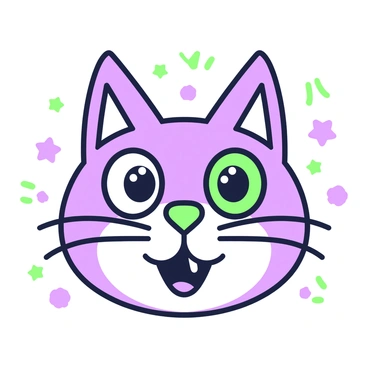 An illustration of a cat face with exaggerated features. The cat has large, round eyes that are wide open, giving it a playful expression. Its ears are oversized and pointed, standing tall on top of its head. The whiskers are long and prominent, and the nose is small and triangular. The mouth is open in a cheerful smile, revealing small, sharp teeth. Around the cat's face, there are playful patterns, adding to its whimsical appearance. The background is minimal, ensuring the focus remains on the cat's expressive face.