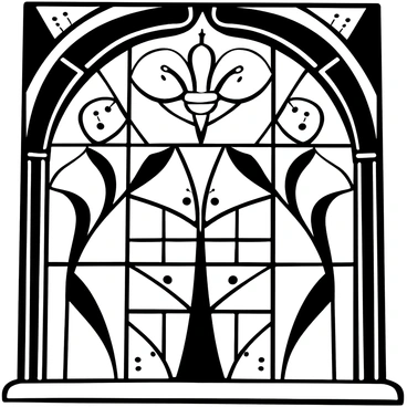 A large stained glass window features a prominent "fleur-de-lis" design in the center. Surrounding the "fleur-de-lis" are intricate geometric shapes and floral patterns. The various sections of the window are divided by dark, bold lines, creating a striking contrast. Light shines through the glass, casting intricate shadows on the surface below. The window is framed with a decorative border that enhances its ornate appearance.