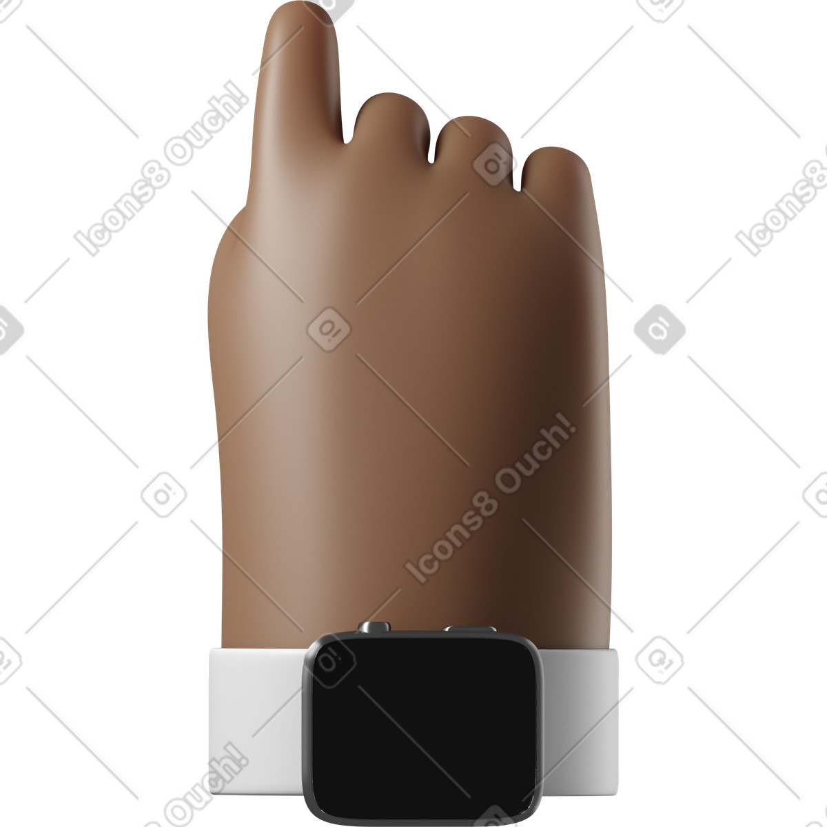 下载 3D Hands Fun&Wild 风格的 深棕色皮肤手的后视图，智能手表已关闭，指向上方 插画，支持 PNG、SVG 格式