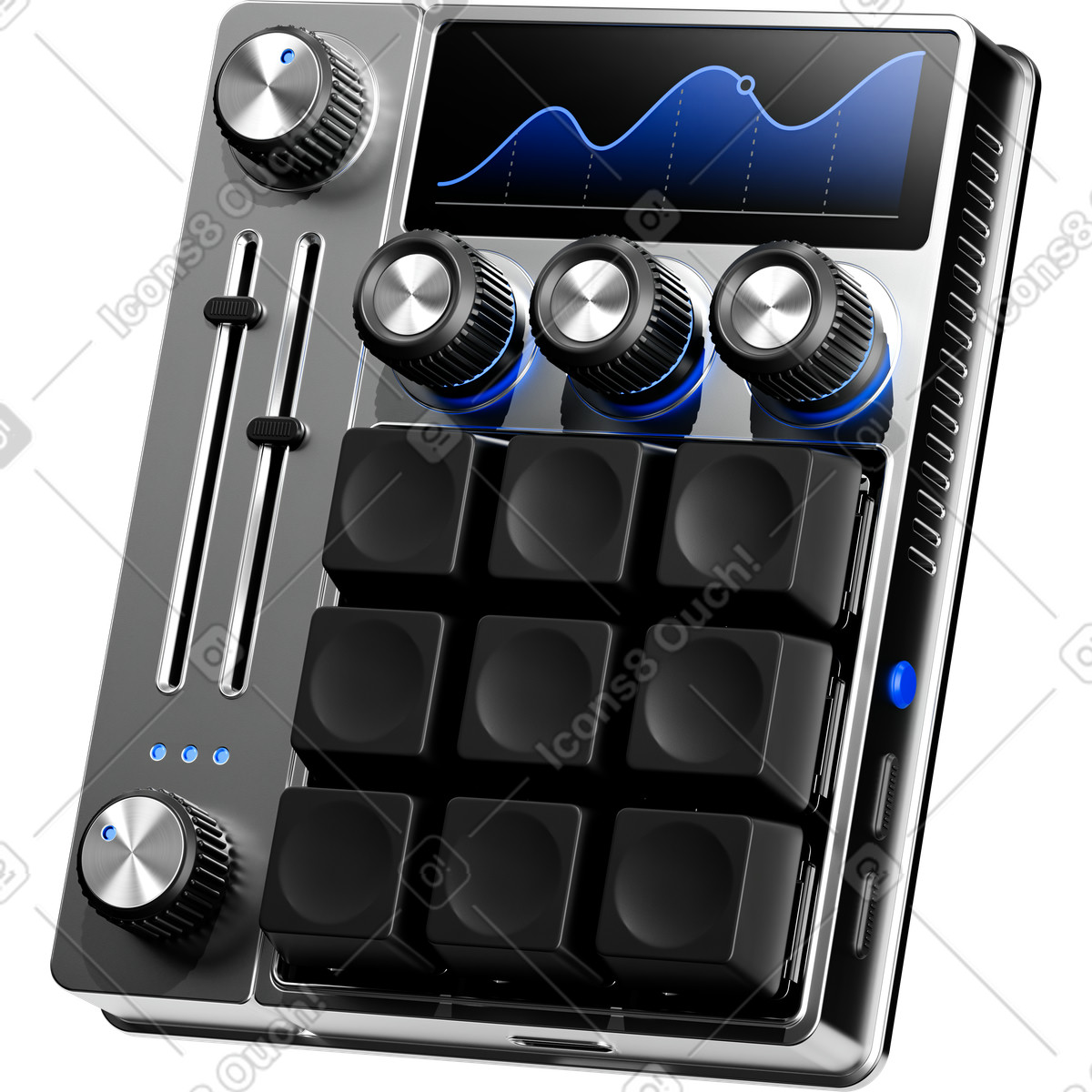 Illustration Controller device with knobs sliders and pads under data chart dans le style 3D Pro à télécharger aux formats PNG, SVG
