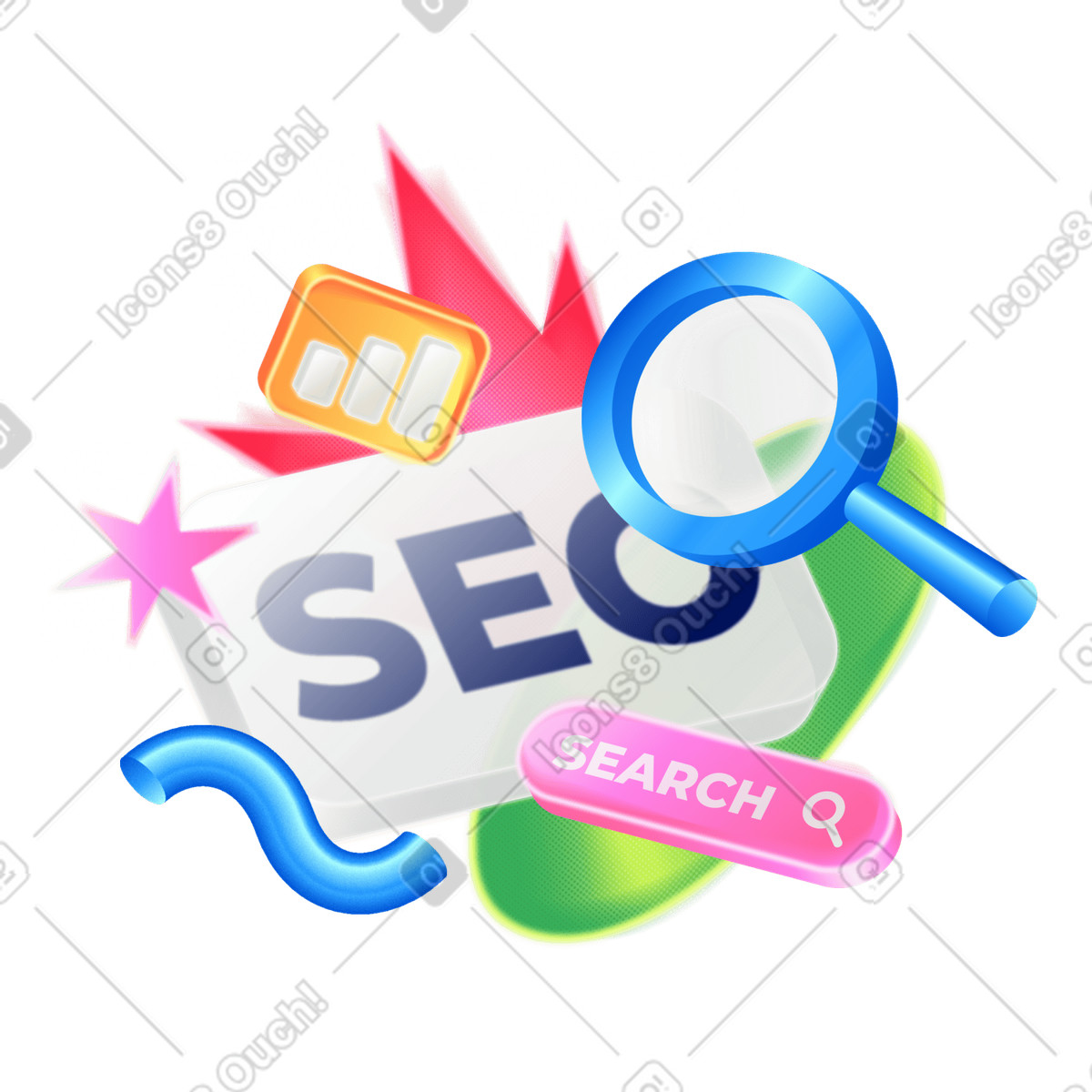 Lettering SEO with statistics and magnifying glass text illustration in PNG, SVG