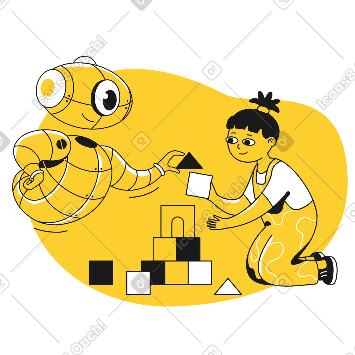 Illustration Robot nounou jouant aux cubes avec un enfant dans le style Taxi à télécharger formats PNG, SVG