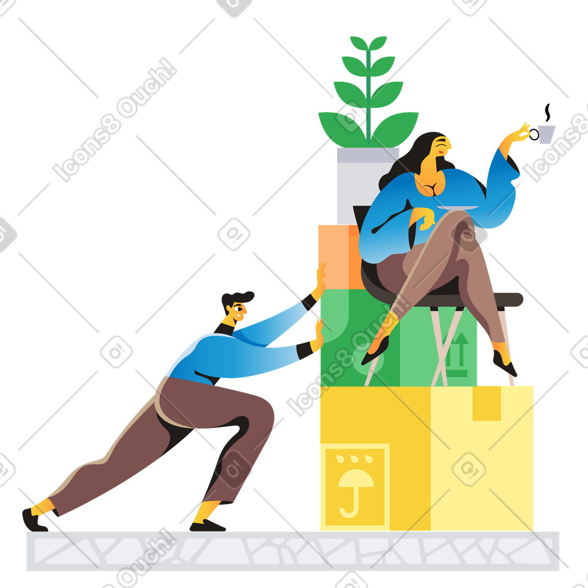 Illustration Un homme déménage des cartons avec une femme assise dessus dans le style Jaconda à télécharger aux formats PNG, SVG