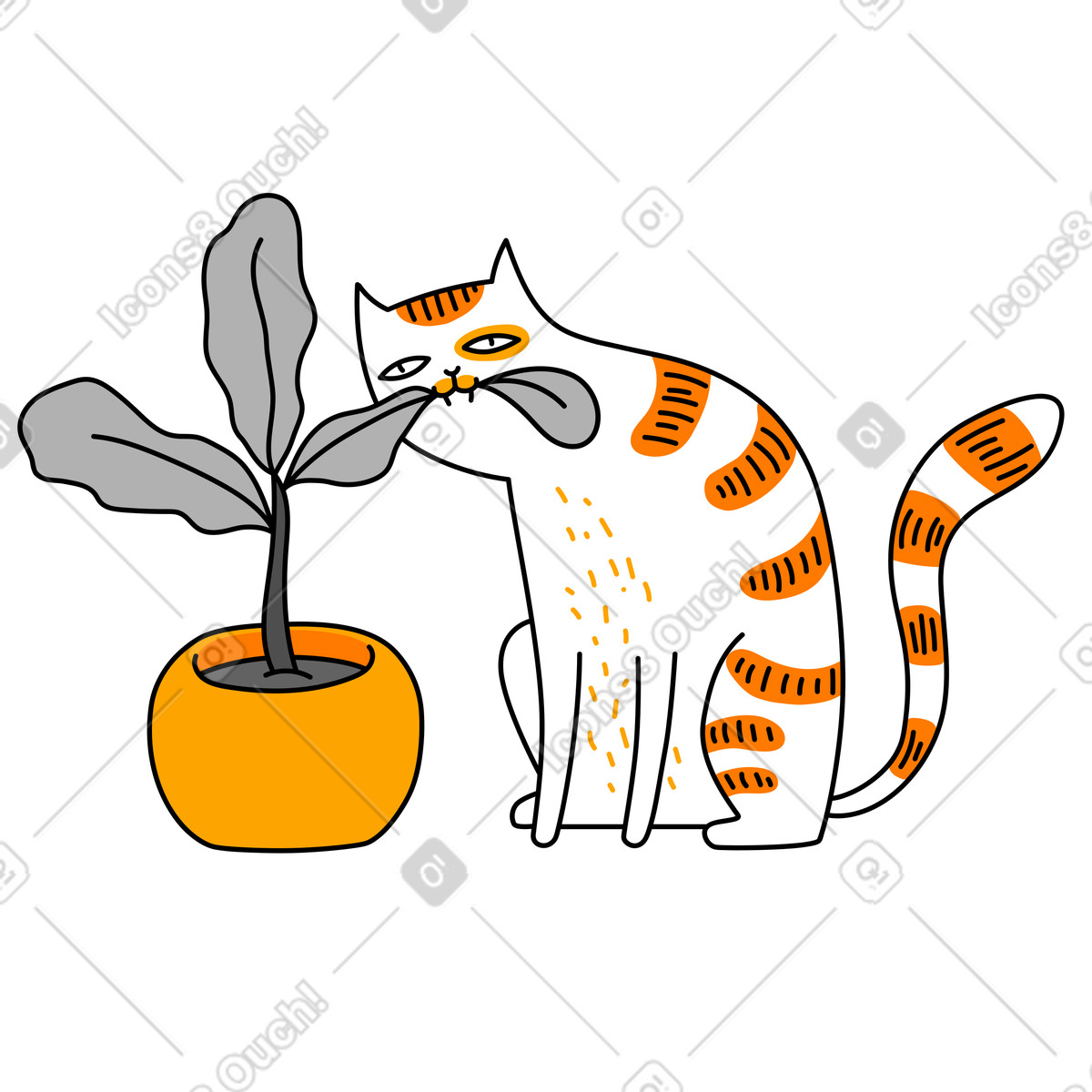 Illustration Chat végétarien mordant une plante en pot dans le style Purr à télécharger aux formats PNG, SVG