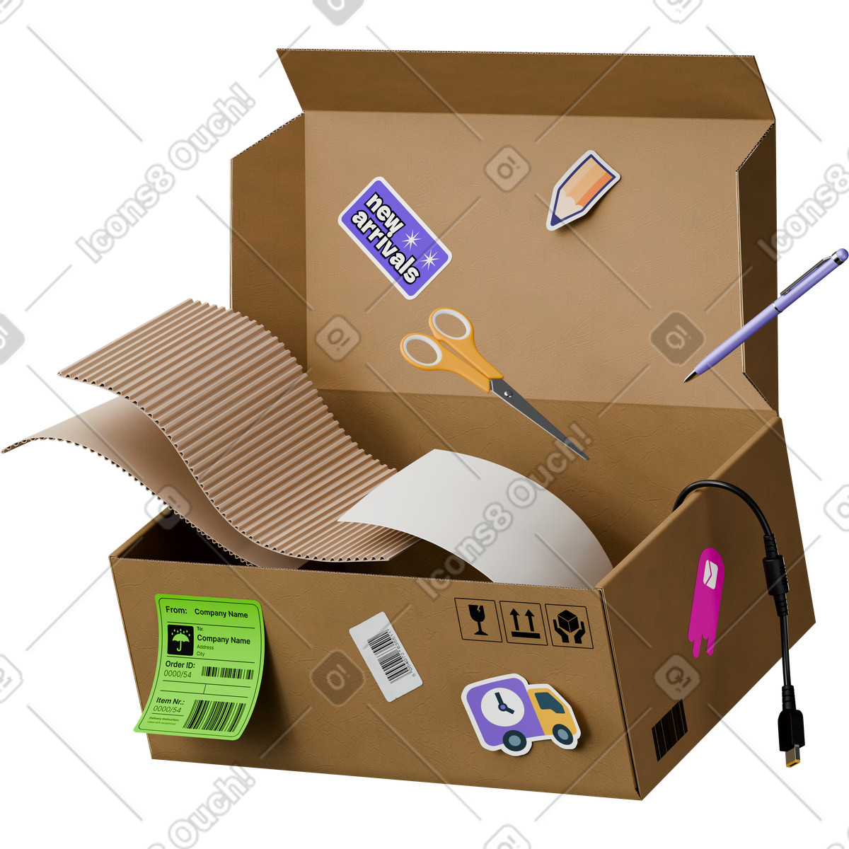 Ilustração animada de Open box with stickers and papers em no estilo 3D Hygge para baixar em GIF, Lottie (JSON), AE