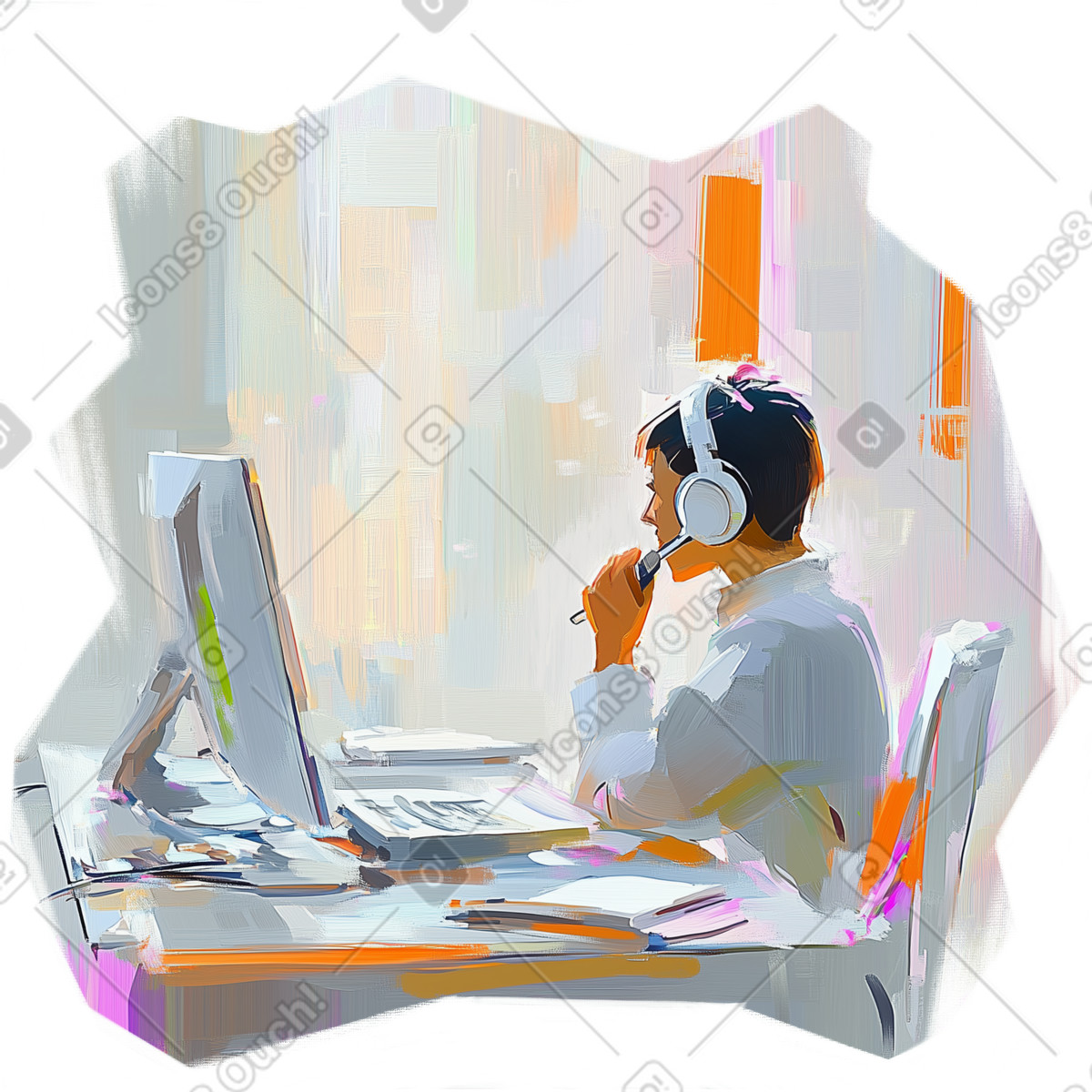 Dipinto ad olio di un agente del servizio clienti con auricolare illustrazione in stile Pictorial scarica in PNG, SVG