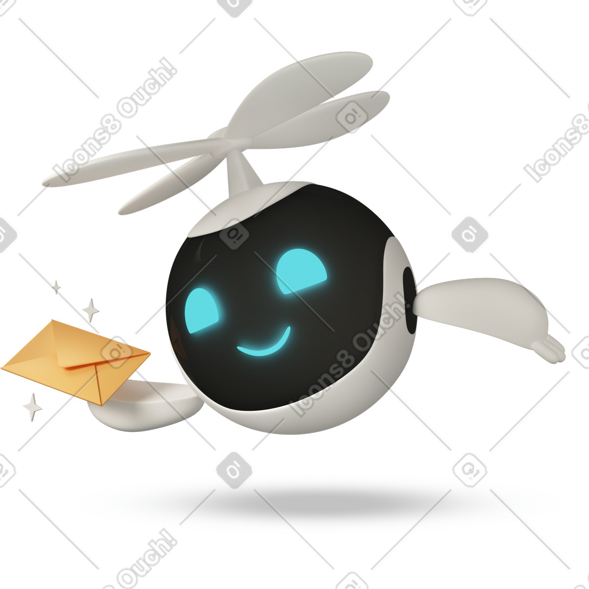 3D Casual life スタイルの Flying delivery robot holding envelope のイラストをPNG、SVG形式でダウンロード