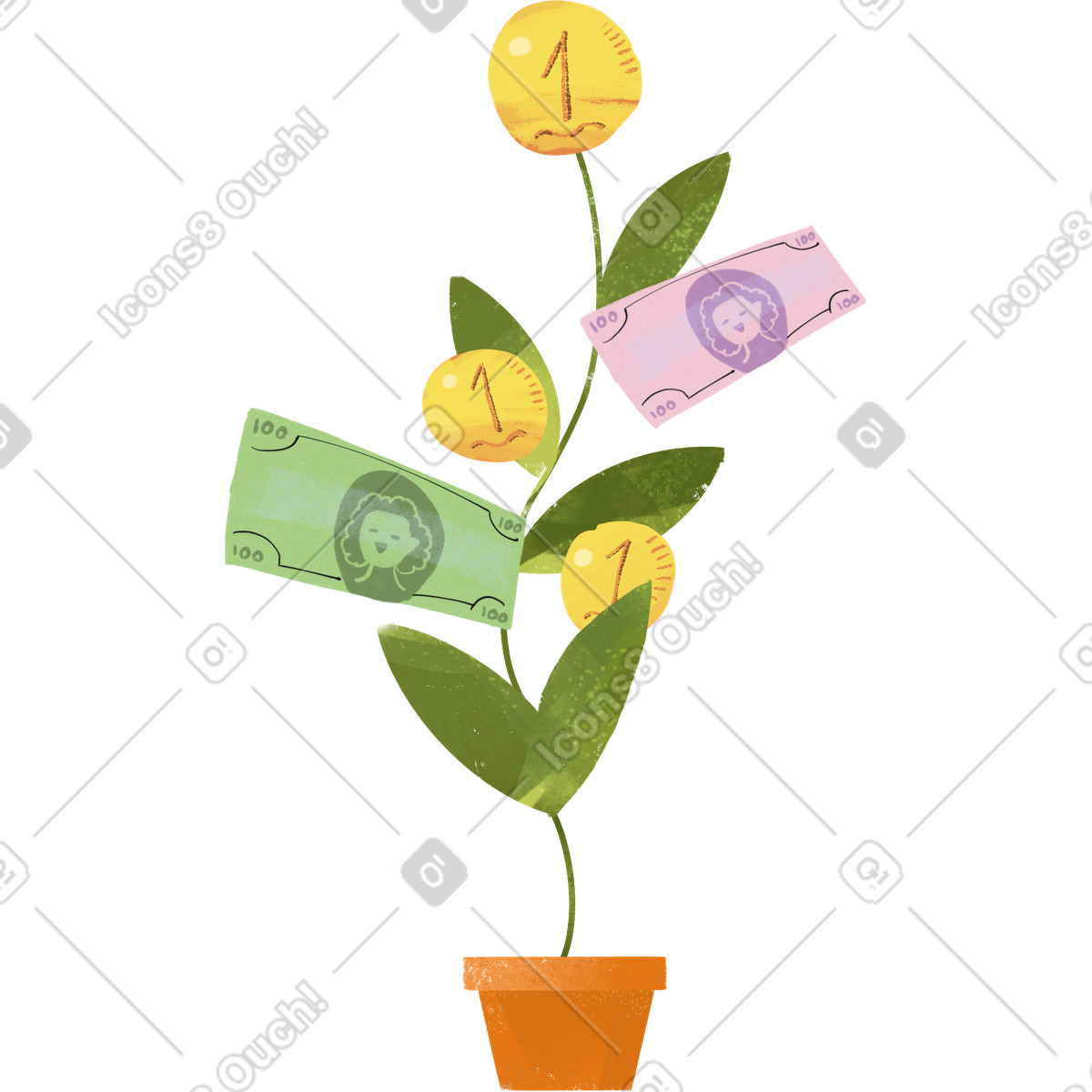 Fabulous スタイルの Money tree with coins and banknotes のイラストをPNG、SVG形式でダウンロード