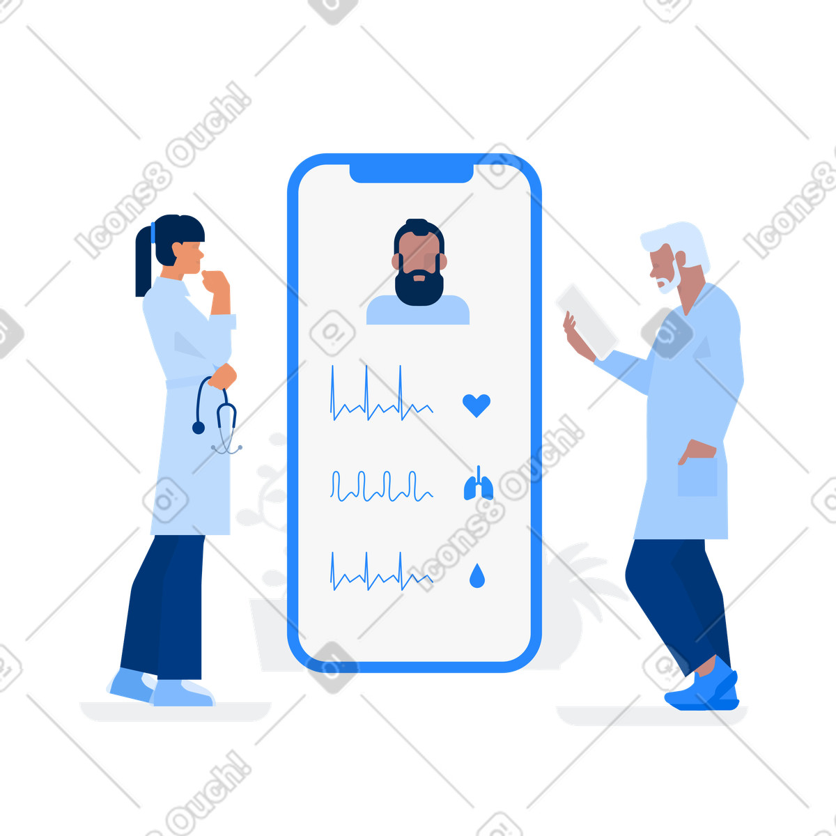 Urban スタイルの 遠隔診療中に健康指標を分析する医師 のアニメーションイラストをGIF、Lottie (JSON)、AEでダウンロード