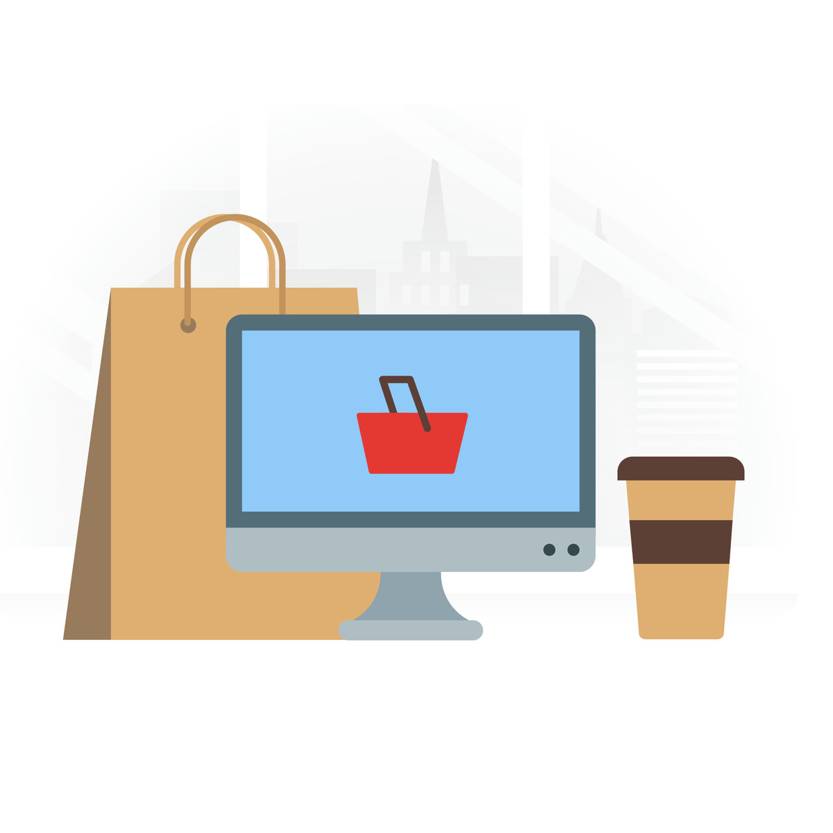 下载 Fogg 风格的 Computer and shopping bag for online 插画，支持 PNG、SVG 格式