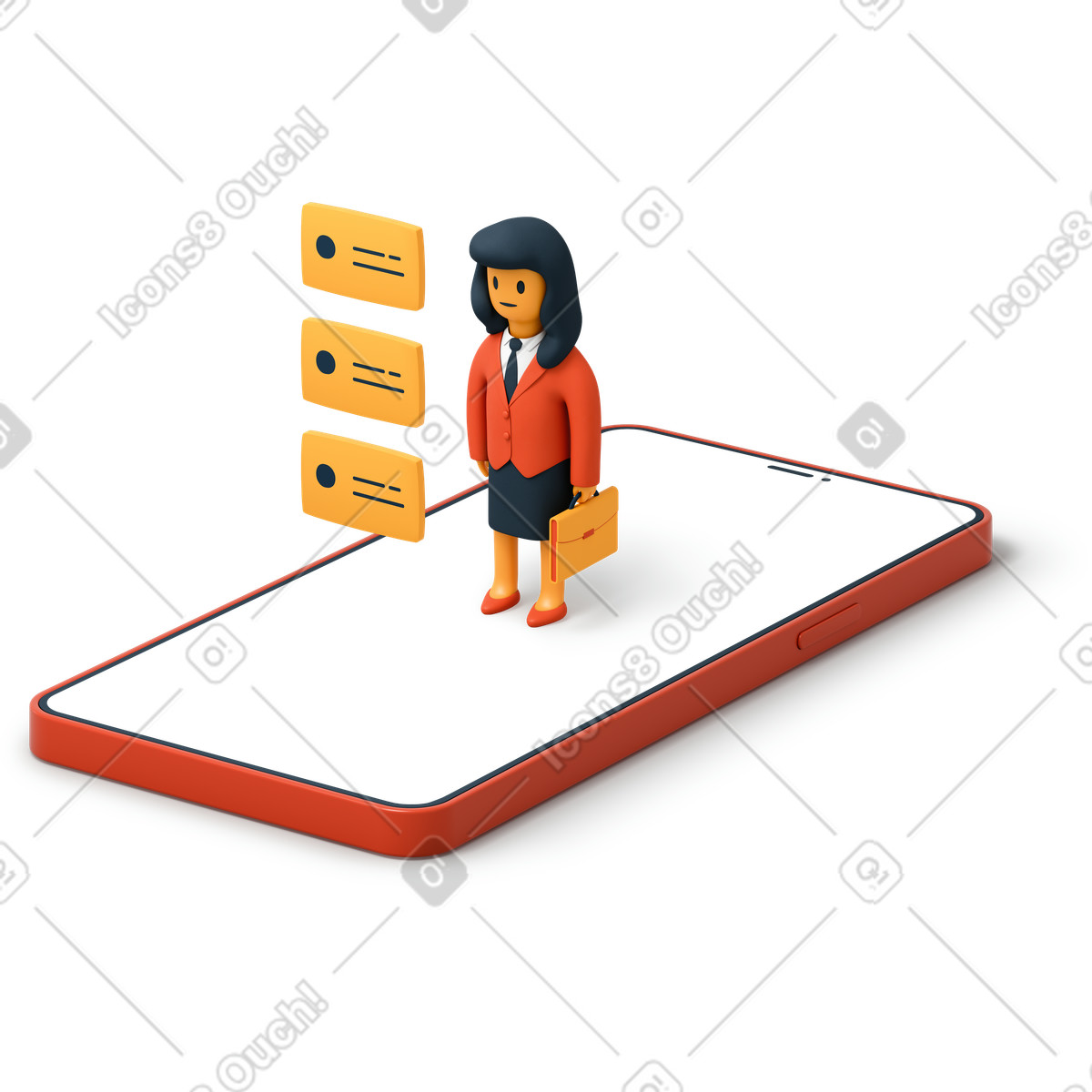 Donna d'affari in piedi sul telefono rosso illustrazione stile 3D Flame scarica PNG, SVG