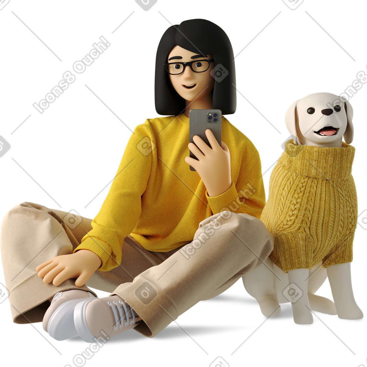 Illustration Jeune femme à lunettes assise côté d'un chien en pull et prenant une photo dans le style 3D Business télécharger aux formats PNG, SVG