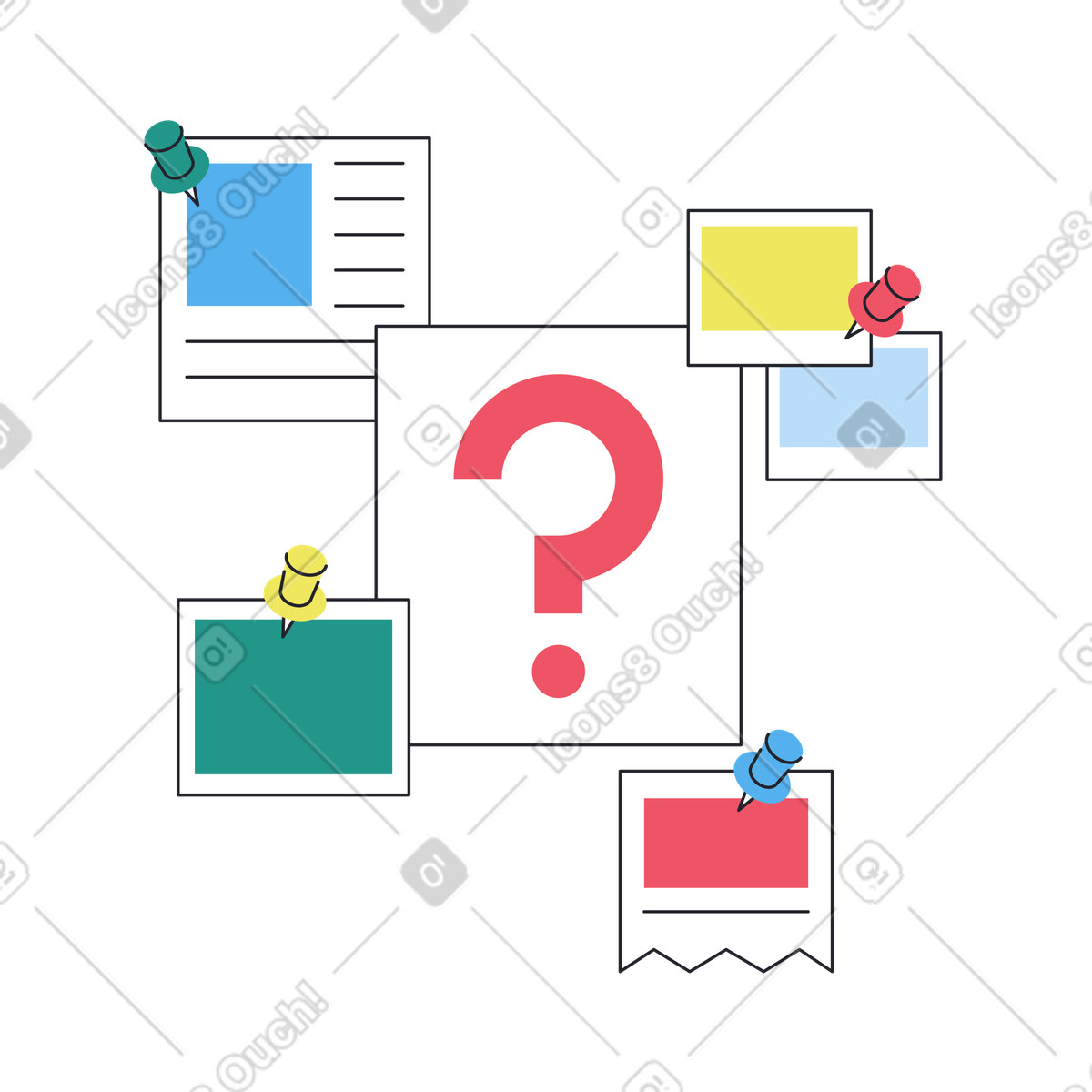 Sheet with big question mark papers and photos around illustration in Boba style download in PNG, SVG