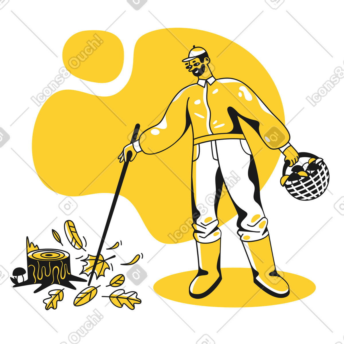 Illustration Homme cueillant des champignons dans un panier le style Taxi à télécharger aux formats PNG, SVG