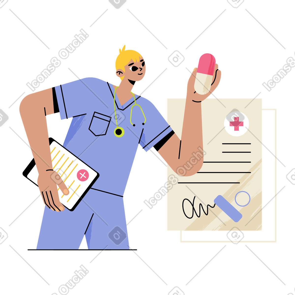 Ilustración Médico escribiendo una receta médica en estilo Juicy a descargar en PNG y SVG