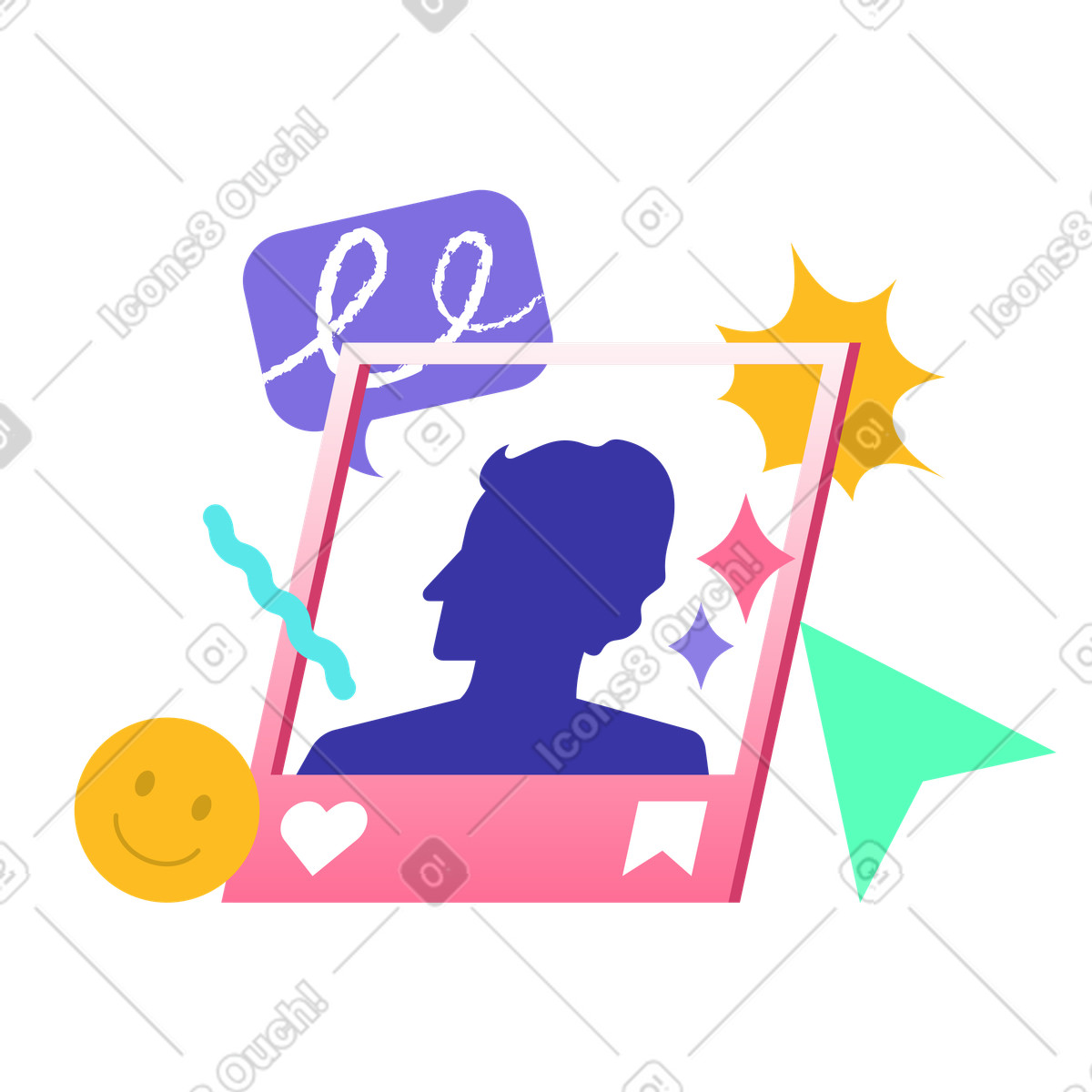 Social media post frame with profile silhouette, online sharing and communication illustration in Bright style download in PNG, SVG