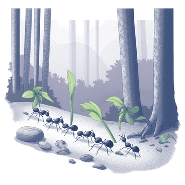 A line of leafcutter ants is moving efficiently along a dirt path in a dense forest. Each ant is carrying small fragments of green leaves, meticulously organized in a parade-like formation. The forest background features tall trees with textured bark and dense foliage, allowing dappled light to filter through. The ground is covered in a layer of fallen leaves and twigs, creating a natural pathway for the ants. Some ants are climbing over small obstacles like stones and roots, while others navigate around them, demonstrating their teamwork and determination. The scene captures the industrious nature of these ants as they transport their cargo back to their nest.