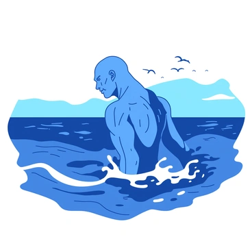 A blue titan is partially submerged in a vast ocean, with only its back visible above the waves. The titan's skin glistens in the sunlight, showcasing the details of its muscular form. The ocean waves are gently lapping against the titan's back, creating a ripple effect around it. In the distance, the horizon meets the sky, which is painted in shades of deep blue, contrasting with the titan's form. A few seabirds can be seen flying overhead, adding to the sense of scale.