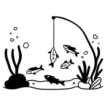 An underwater scene featuring a fishing lure hanging from a fishing line, glimmering in the shimmering light filtered through the water. Several fish of various shapes and sizes swim around the lure, their bodies casting shadows on the sandy ocean floor. Bubbles rise to the surface, and aquatic plants sway gently in the currents surrounding the lure.