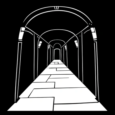 A long corridor with an elongated perspective leading into the distance. The floor is made of dark, polished stone, reflecting faint light from overhead fixtures. The walls are lined with ornate patterns that create interesting shadow shapes. Mysterious shadows crawl along the walls, hinting at unseen figures. The ceiling arches high above, disappearing into darkness, and there are flickering lights casting an eerie ambiance throughout the space.
