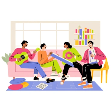 A cozy living room with warm lighting and comfortable furniture. A group of four friends is gathered together, each playing different musical instruments. One friend is strumming a green acoustic guitar, while another is playing a bright red tambourine. A third friend is seated with a blue keyboard, and the last friend is holding a purple microphone, singing joyfully. Colorful cushions and a patterned rug are scattered on the floor, and a bookshelf filled with books is visible in the background. A few music sheets are lying on the coffee table.
