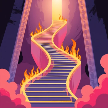 A colossal staircase spiraling downwards with an intricate design, each step embellished with ornate carvings. The staircase has a shiny, polished surface that reflects the flickering light. Surrounding the staircase are vivid orange and red flames, licking up the sides, creating a dramatic contrast against the stairwell. The atmosphere is filled with swirling smoke, adding to the intense visualization of the endless descent.