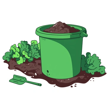 A green compost bin stands prominently in a potager garden, surrounded by an abundance of leafy greens. The compost bin is filled with rich, dark organic matter, with small pieces of vegetable scraps peeking through. In the vicinity, rows of various leafy greens, including vibrant kale and crisp lettuce, are flourishing, their leaves glistening with dew. The garden soil is dark and rich, providing a strong contrast to the green foliage. A few gardening tools are placed nearby, hinting at recent cultivation activities.