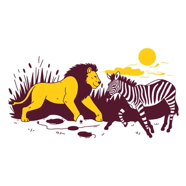 A dramatic scene depicts a vibrant yellow lion crouched in tall grass, preparing to pounce on a sleek black and white zebra that is grazing nearby. The lion's muscles are tensed, showcasing its powerful form as it watches the zebra intently. The zebra stands alert, its ears perked and eyes wide, sensing danger in the air. In the background, the sun casts a warm glow, highlighting the tension in the scene as the lion closes in on its prey. Dust rises from the ground, capturing the movement of the chase.
