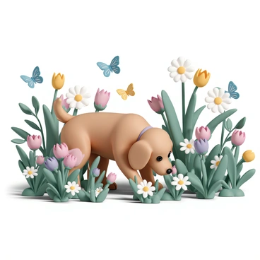 A labradoodle with curly, light brown fur is exploring a vibrant garden. The dog is sniffing at colorful flowers, including tulips and daisies, with a curious expression on its face. Surrounding the labradoodle are various butterflies, showcasing bright and intricate patterns, fluttering gracefully among the blossoms. The sunlight filters through the leaves of tall plants, creating dappled shadows on the ground as the dog moves playfully through the foliage.