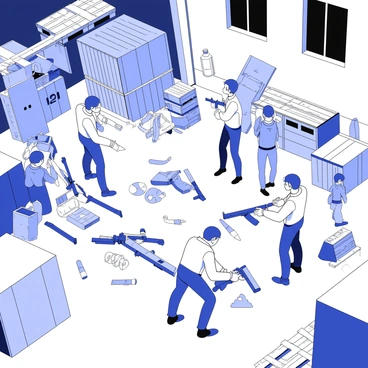 A group of survivors is inside an abandoned warehouse, working together to prepare an armory. They are surrounded by crates and rusted machinery, with wooden pallets stacked in the corners. Some survivors are sorting through an assortment of weapons, including rifles, handguns, and knives, while others are checking supplies, such as ammunition and tactical gear. The atmosphere is tense but focused, with a few survivors keeping watch by the entrance. Dim light filters through broken windows, casting shadows across the concrete floor. In the background, there are makeshift barricades constructed from debris, emphasizing the urgency of their task.
