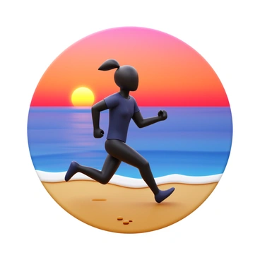A silhouette of a person in athletic attire jogging along a beach. The person is slightly bent forward, with one foot lifted off the ground, showing movement. The background features a vibrant sunset with shades of orange, pink, and purple. The ocean waves are gently lapping at the shore, and the sun is low on the horizon, casting a warm glow over the scene. The beach is sandy, with small footprints trailing behind the jogger.