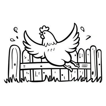 A chicken attempting to fly over a wooden fence with flapping wings