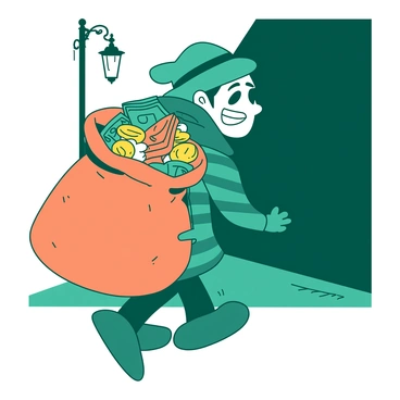 A teal cartoonish thief wearing a black and white striped outfit is tiptoeing away with a large orange bag overflowing with various colorful loot. The thief has a mischievous grin, and is glancing over his shoulder as he sneaks through a dark alley. The bag is bulging with gold coins, shiny jewels, and stacks of cash peeking out. A street lamp casts a faint light, illuminating the scene and creating shadows around the thief.