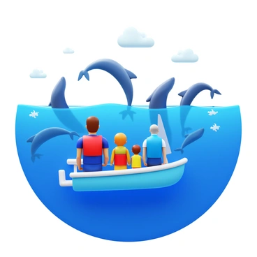 A 3D scene featuring a group of four people on a boat. The boat is small and designed for leisure, with a bright blue hull and white sails. The group includes two adults and two children, all wearing life jackets. The ocean is a deep blue color, reflecting the sunlight, and several whales can be seen breaching in the distance, their large bodies arcing gracefully out of the water. White foam splashes around the whales as they leap, and the sky above is clear with a few fluffy white clouds. The scene captures the excitement and awe on the faces of the people as they watch the whales.