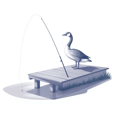 A goose is perched on a wooden dock. The goose has a slender neck and a rounded body, and it appears attentive as it watches a fishing rod positioned in front of it. The fishing rod is set up with a small hook in the water, while the line is taut, suggesting a small fish is caught. In the foreground, the water reflects the structure of the dock, creating ripples around the base. The surrounding area includes hints of vegetation along the edges of the dock, enhancing the natural setting.