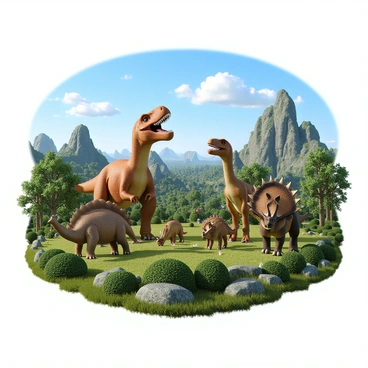 A prehistoric landscape filled with lush greenery and a variety of rock formations. In the foreground, there is a large "Tyrannosaurus rex" standing on two powerful legs, its sharp teeth visible as it roars. Nearby, a group of "Triceratops" grazes on low shrubs, their distinctive three-horned faces clearly visible. To the right, a pair of "Brachiosaurus" can be seen stretching their long necks to reach the treetops, their massive bodies towering over the other dinosaurs. In the background, a "Stegosaurus" grazes peacefully, its spiked back exposed. Each dinosaur is labeled with its name in clear text, allowing viewers to identify the species easily. The sky above is a bright blue, dotted with a few soft, white clouds.