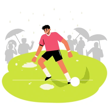 A football player wearing a red jersey and black shorts is in the middle of a grassy field, preparing to kick a bright white ball. Raindrops are visibly falling around him, creating small splashes on the ground. The player's expression shows focus and determination as he raises his foot to strike the ball. Puddles of water are forming on the field, reflecting the grey overcast sky above. In the background, blurred silhouettes of cheering fans under umbrellas can be seen, adding to the intensity of the scene.