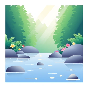 A clear, tranquil river is flowing through a dense forest, surrounded by tall green trees with sunlight filtering through the leaves. The water is gently rippling over smooth stones, reflecting the greenery above. Lush ferns and wildflowers in various colors are visible along the riverbanks. A few small rocks are scattered in the water, with the current creating a soft, bubbling sound as it passes over them. The scene is filled with the natural elements of the forest, providing a sense of harmony and connection to nature.