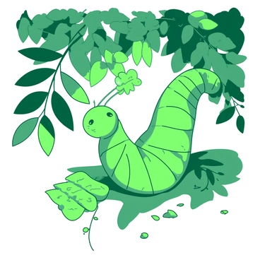 A green caterpillar is delicately holding a small green leaf, positioned as if it is playing a violin. The caterpillar's body is segmented and textured, showcasing its vibrant hue. Beneath a lush canopy of trees, dappled sunlight filters through the leaves, creating soft shadows on the ground. The surrounding leaves and branches form a vivid backdrop, enhancing the enchanting scene where nature and music intertwine.