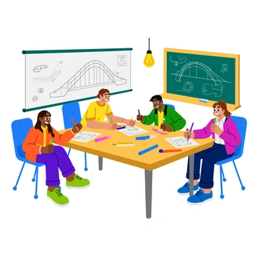 A group of young inventors, two boys and a girl, are seated around a large table covered with colorful sketches and blueprints for a new bridge. Each inventor is focused, sketching with pencils and markers, one girl is drawing a futuristic arch bridge, while one boy is designing a cable-stayed structure. The table is also scattered with tools like rulers and erasers, and there’s a bright light bulb hanging above, symbolizing creativity. In the background, a chalkboard is filled with various engineering concepts and diagrams. The scene is lively and energetic, capturing the excitement of innovation.