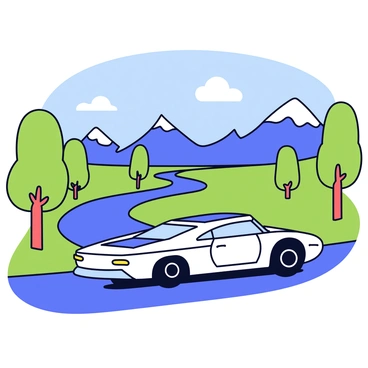 A sleek, futuristic car with a streamlined design, featuring a shiny metallic body that reflects sunlight. The car has large, smooth wheels and solar panels integrated into its roof. It is driving along a scenic road that winds through a lush green landscape. On either side of the road are tall trees with vibrant greenery, and in the distance, majestic mountains rise against a clear blue sky. A few fluffy white clouds float above, and the sunlight casts soft shadows on the road.