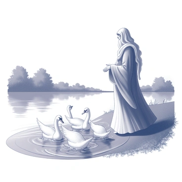 A mystical figure with flowing robes stands at the edge of a serene lake. The figure has an ethereal presence, emanating an aura of protection. In the foreground, the Children of Lir are playing joyfully in the shimmering water. The children are depicted as swans, splashing and gliding across the surface, their feathers glistening. The background features gentle waves lapping at the shore and lush greenery framing the scene. The entire composition conveys a sense of watchfulness and guardian affection from the figure towards the playful children.
