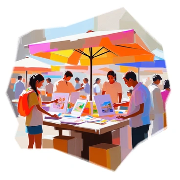 An open-air market stall displaying a vibrant selection of free illustrations. The stall is made of rustic wooden planks, with a colorful canopy overhead providing shade. Various printed illustrations are spread out on the wooden table, showcasing diverse themes such as landscapes, animals, and abstract designs. People of different ages are browsing the artworks, some reaching out to take their favorites. Natural sunlight casts soft shadows over the illustrations, enhancing their colors and details. In the background, there are other market stalls with goods, creating a lively atmosphere.