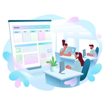 An illustration of an office space dedicated to a call center. In the foreground, there is a large, colorful board displaying a flexible work schedule, with sections for various tasks and shifts. The office is filled with desks equipped with computers and headsets. A couple of employees are engaged in phone conversations, surrounded by plants that add a touch of greenery. The atmosphere is vibrant, with pastel colors dominating the workspace, creating a sense of balance and harmony.