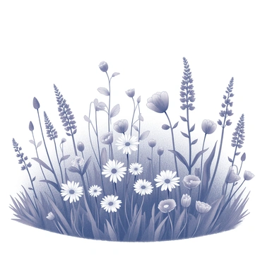 A field filled with wildflowers of various shapes and sizes. The flowers are densely packed, with some standing tall and others bending gently with the breeze. The landscape includes different types of flowers, such as daisies, poppies, and lupines, each featuring intricate details like petals and leaves. The scene captures the natural beauty of the wildflowers in a vibrant setting, with a clear sky above.