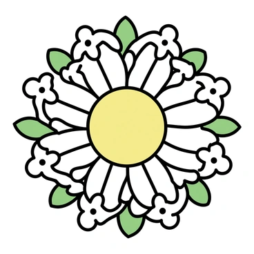 A mandala design featuring "chamomile flowers" arranged in a "symmetrical pattern." The flowers are depicted with distinct white petals surrounding a bright yellow center. The arrangement of the flowers forms intricate circular shapes, radiating outwards. Each layer of the mandala showcases the chamomile flowers interspersed with green leaves, enhancing the overall pattern. The design is detailed, with careful attention to the placement and spacing of each flower, creating a harmonious and balanced appearance.
