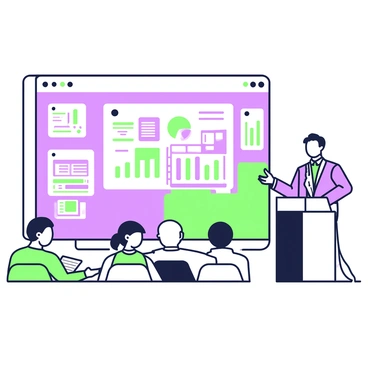 A knowledgeable host is standing at a podium in front of a large audience at a tech conference. The host is wearing a tailored suit and has short hair. Behind the host, a large screen displays vibrant presentations with various graphs and images. There are several presenters sitting in chairs to the left, each with their laptops open. The audience is attentively looking towards the host and the screen, with a few people taking notes. Bright stage lights illuminate the scene, creating a focus on the host and the screen.