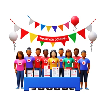 A festive scene celebrating "World Blood Donor Day" with colorful flags waving in the breeze. Brightly colored banners hang prominently, displaying the phrase "Thank You Donors!" in bold letters. A diverse group of people gathers together, wearing matching T-shirts featuring red cross symbols. Balloons in shades of red and white float above, adding a cheerful atmosphere. A table is set up with informational pamphlets about blood donation, surrounded by decorations representing unity and community spirit.